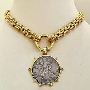 Gold Walking Liberty Coin Statement Necklace Large Chunky 1900 Liberty Coin